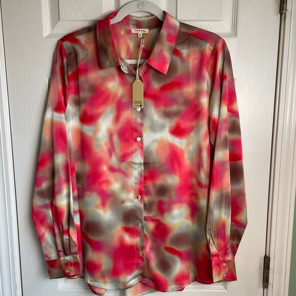 Jodifl Satin Blouse Button Up Long Sleeves Watercolor Print Sz L NWT Colorful - Picture 1 of 10